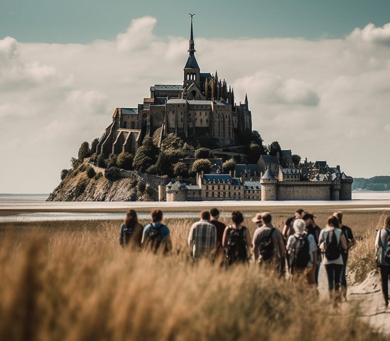 Group of tourists standing, looking at sunset generated by artificial intelligence